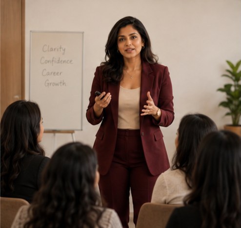Maya speaking at a workshop